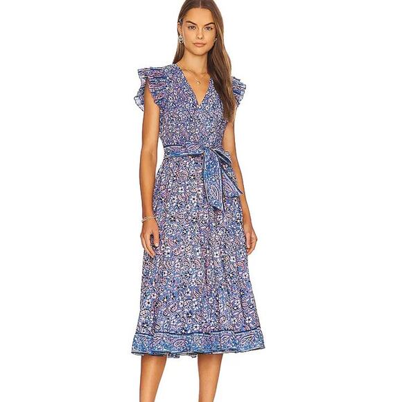 Cleobella Autumn Paisley Print Flutter Sleeve Smocked Midi Dress Blue L - Picture 1 of 14
